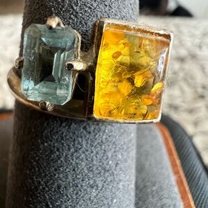 925 Sterling Silver Ring w/Topaz & Amber | Boho Statement Jewelry | Gift for Her